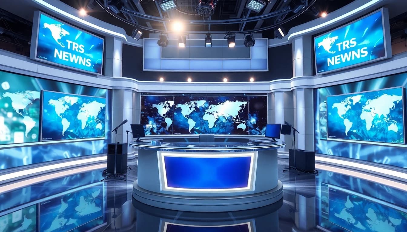 Capture of a dynamic news studio showcasing live news broadcasts and journalist interactions.