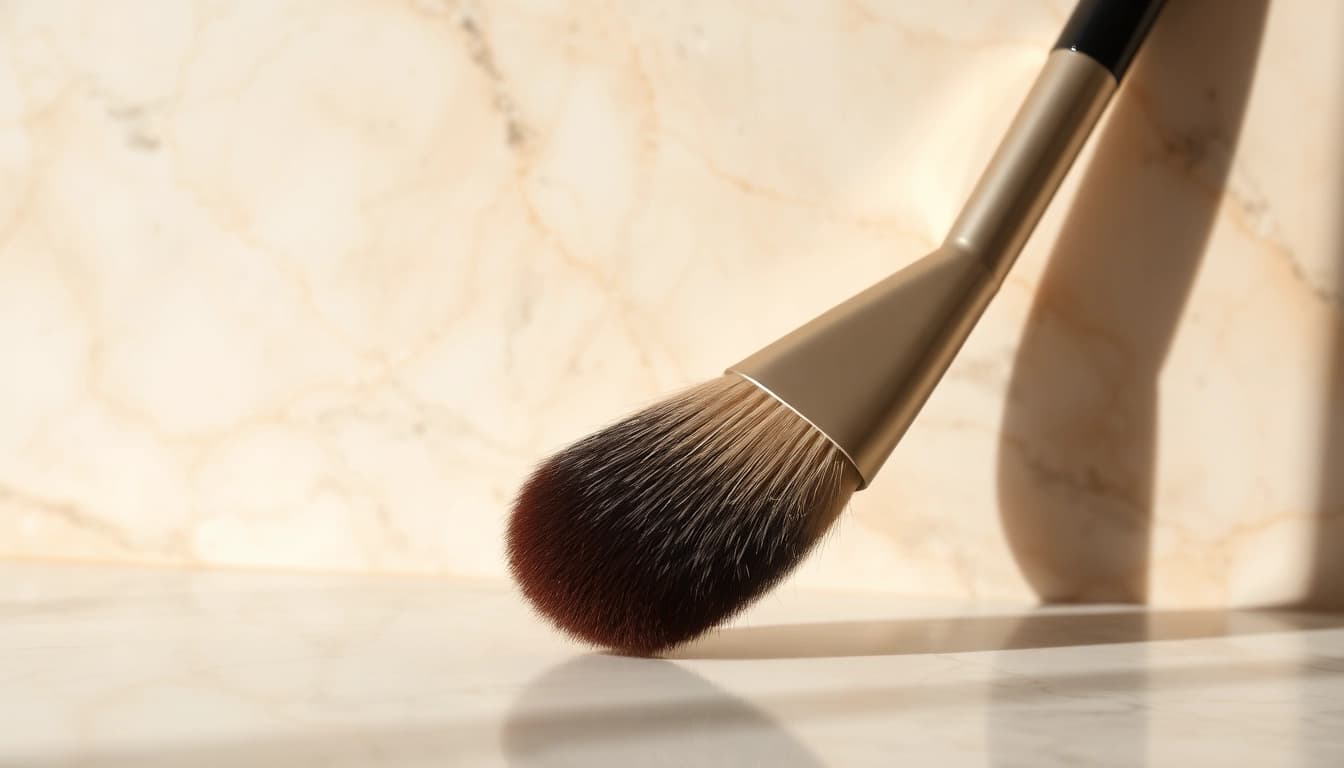 Applying makeup with an angled makeup brush highlighting its precision and softness.
