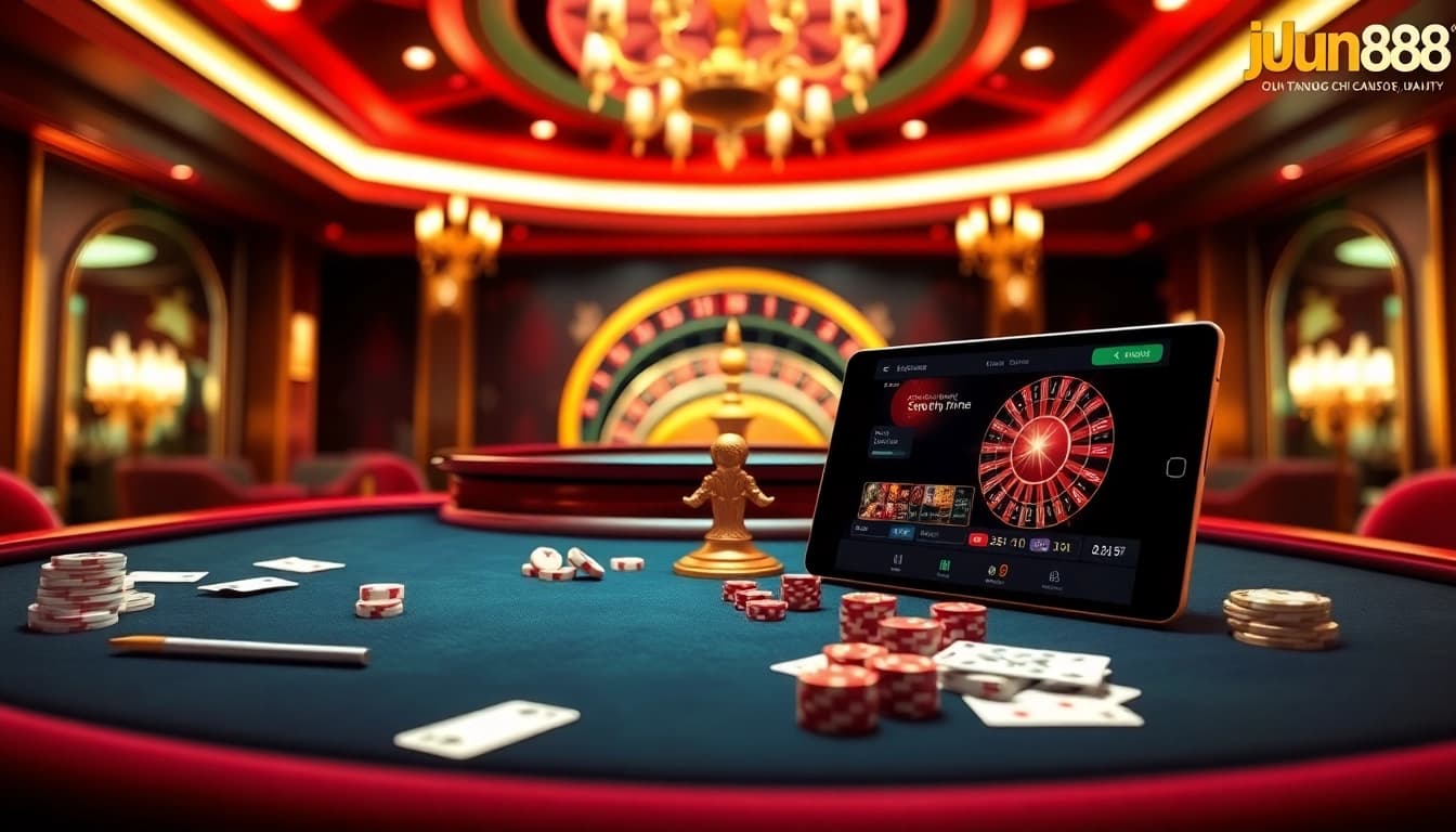 Experience the excitement of Trang Chủ Jun88 with vibrant casino tables and sleek gaming devices.