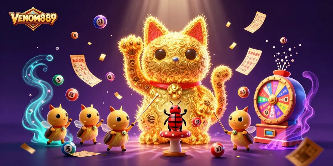 Experience winning with VENOM889, featuring colorful lottery elements and a lucky cat.