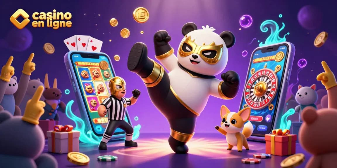 Illustration dynamique d'un panda en lutte avec un masque doré, montrant l'action du casino en ligne