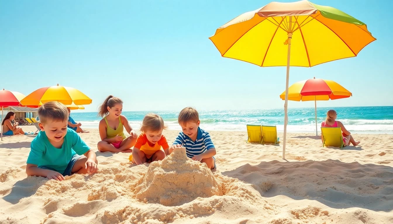Families enjoying a sunny day at https://myrtlebeachsc.com/ with colorful beach umbrellas and sandcastles.