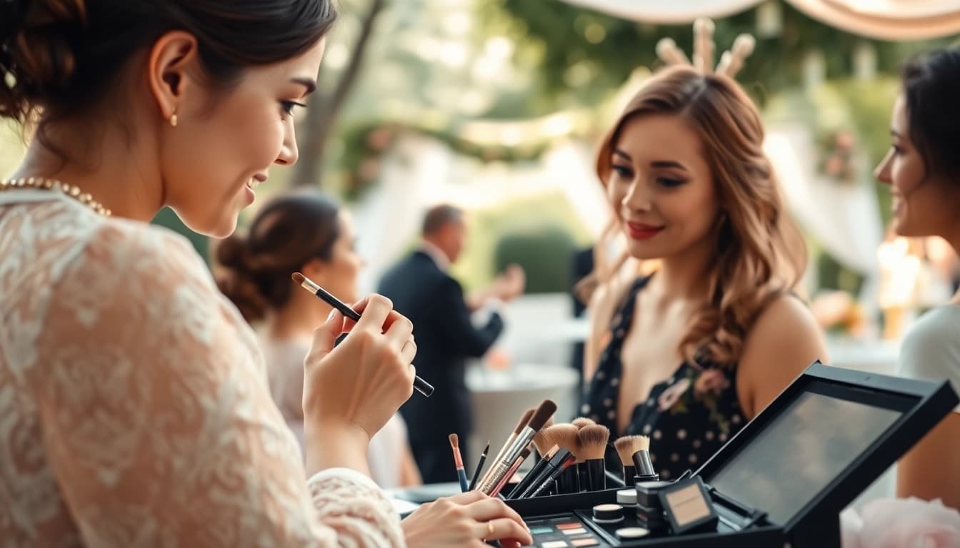 Traveling makeup artist enhancing beauty at a vibrant outdoor event with professional tools.