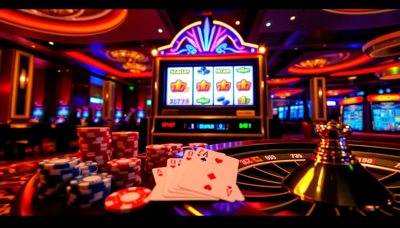 Players celebrating wins on scatter hitam slot machine in a vibrant casino.