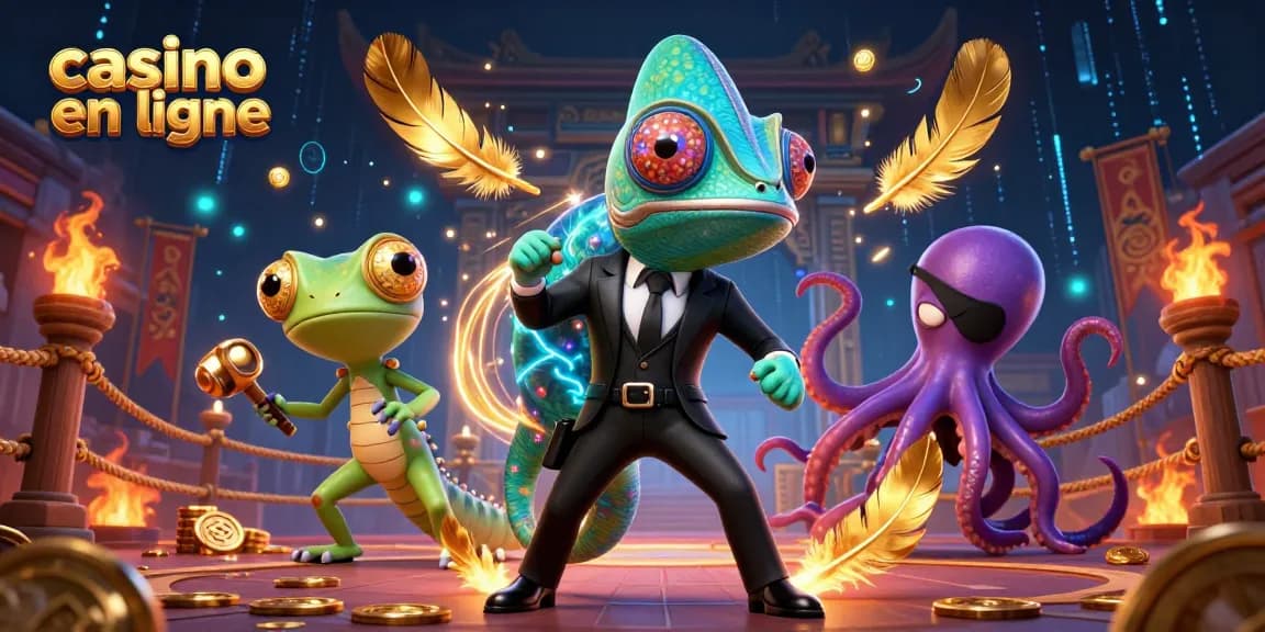 Les personnages du casino en ligne s'affrontent dans une scène dynamique remplie d'éléments riches.