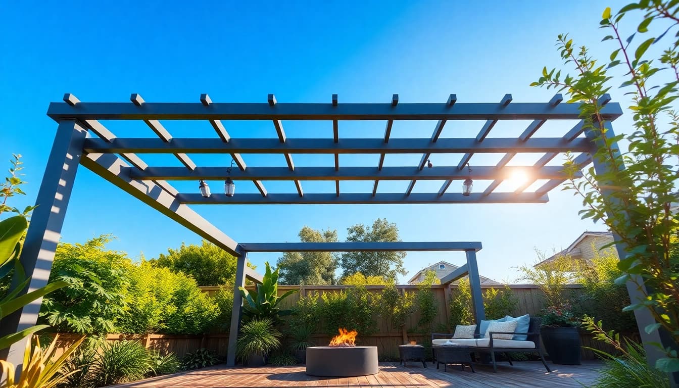 Enhance your outdoor space with a stylish modern steel pergola featuring sleek design.