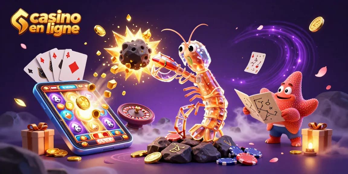 Casino en ligne : une illustration colorée d'un samouraï mante dans un univers de jeux, entouré de jeux et de pièces d'or