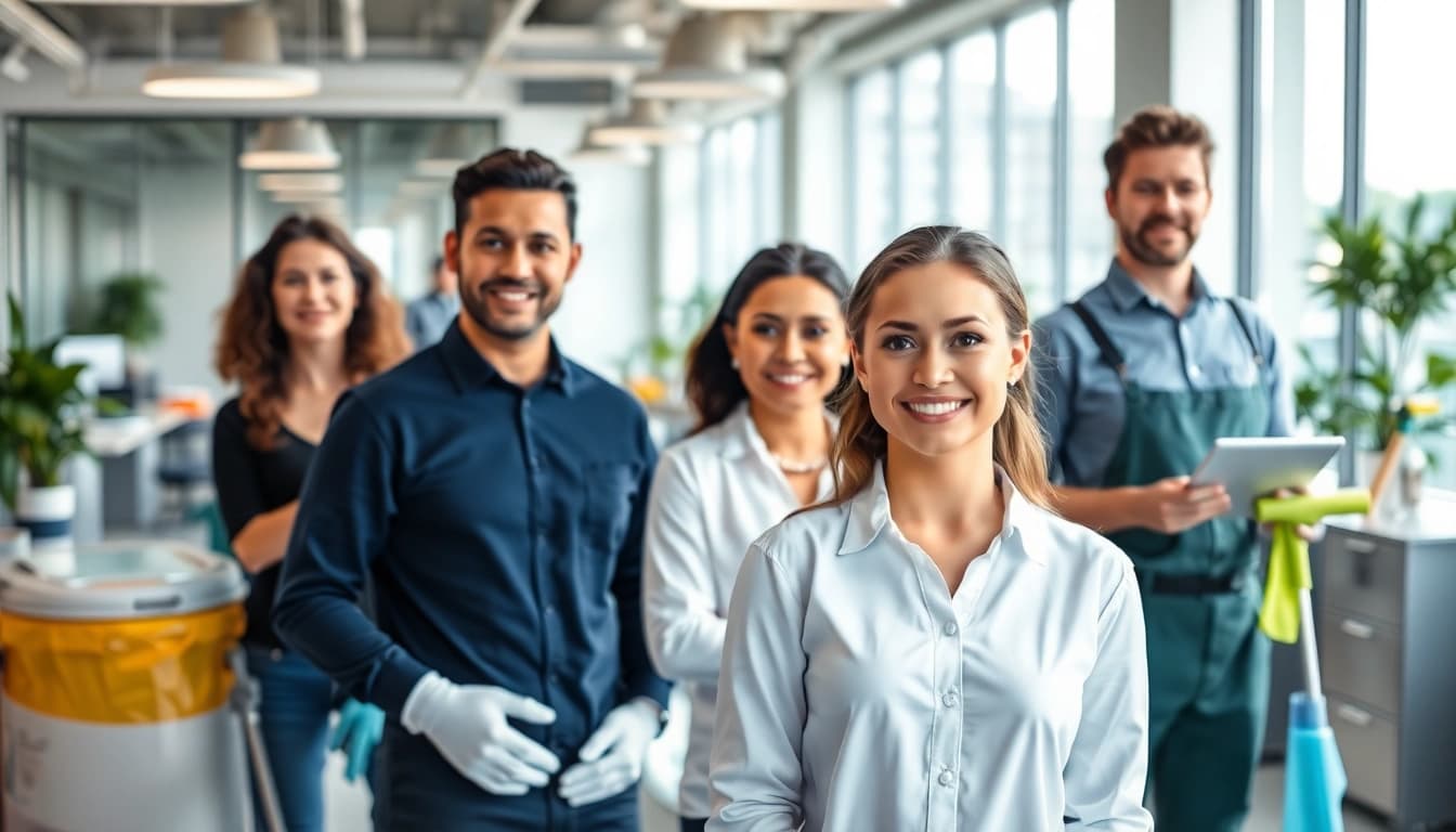 Efficient cleaning company calgary team collaborating in a bright office space.