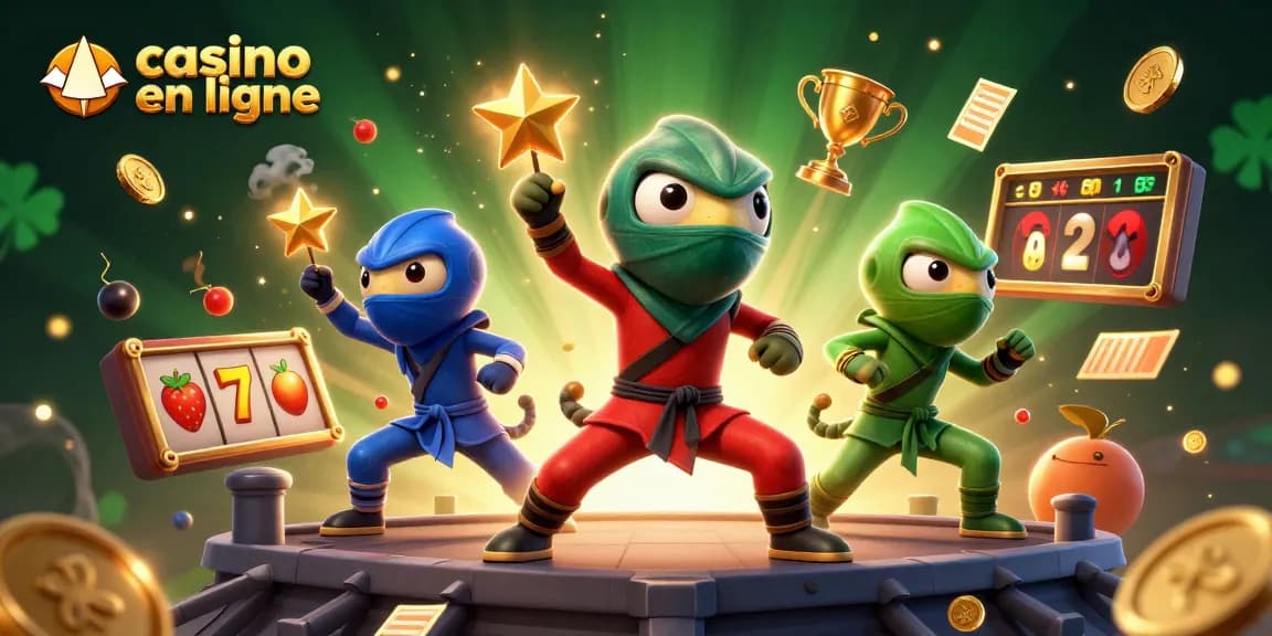 Une équipe de caméléons ninjas synchronisés dans un casino en ligne, entourés de rouleaux de machines à sous.