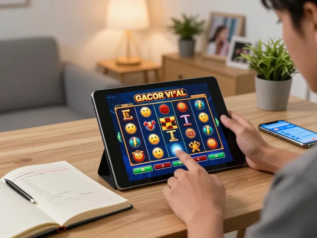 Player engaging in slot gacor viral game on tablet, showcasing vibrant graphics and strategic betting notes.