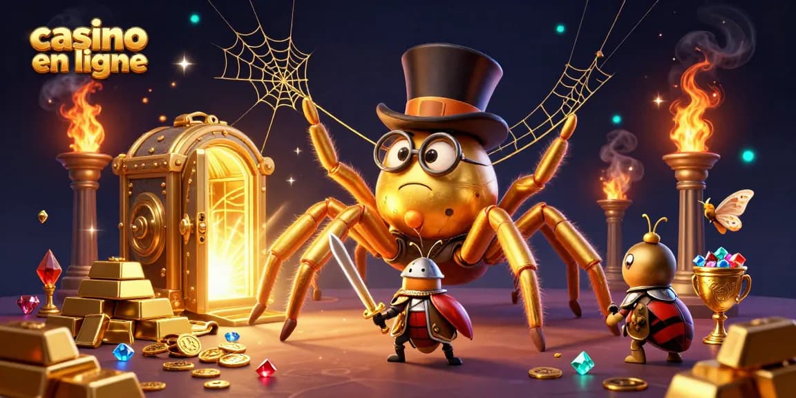 Profitez d'une ambiance de casino en ligne avec une araignée dorée et un chevalier, entourés de trésors scintillants.