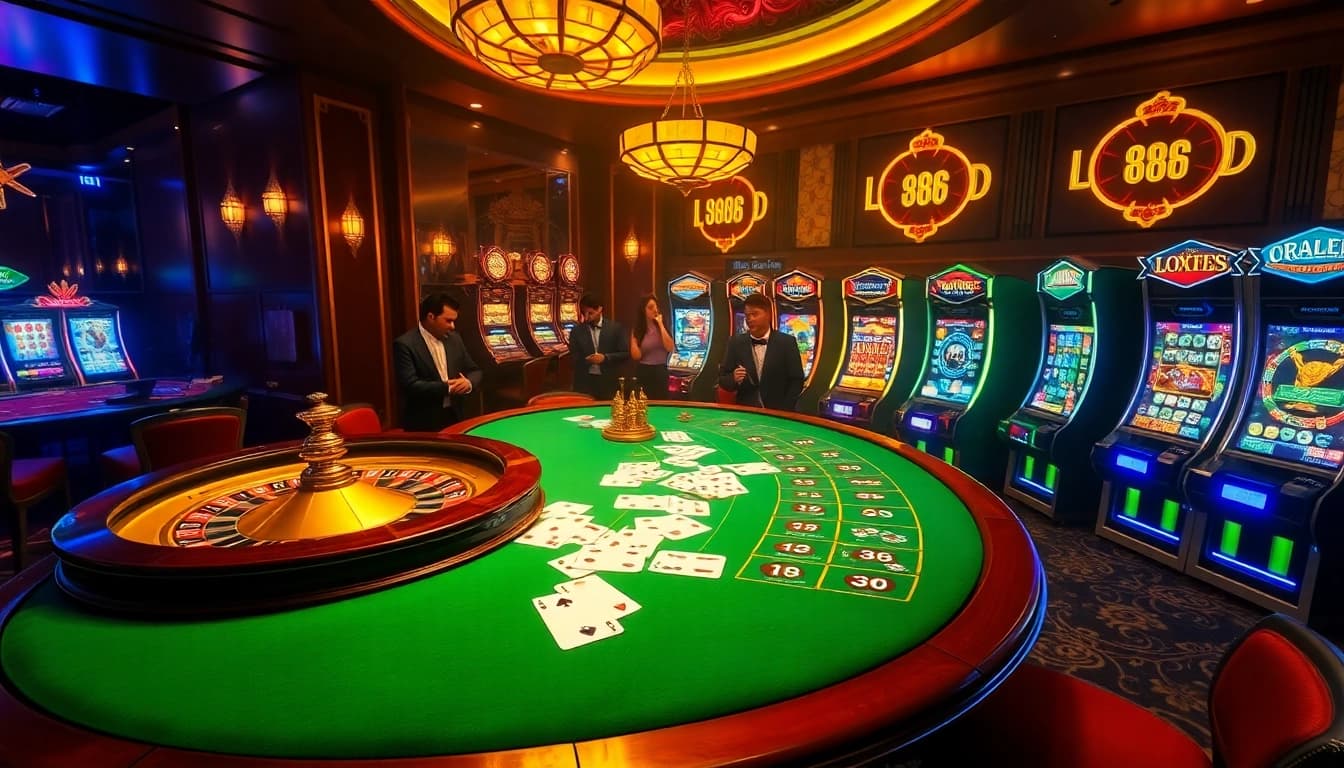 Experience exhilarating gameplay at LC88 with a vibrant casino scene featuring roulette and poker tables.