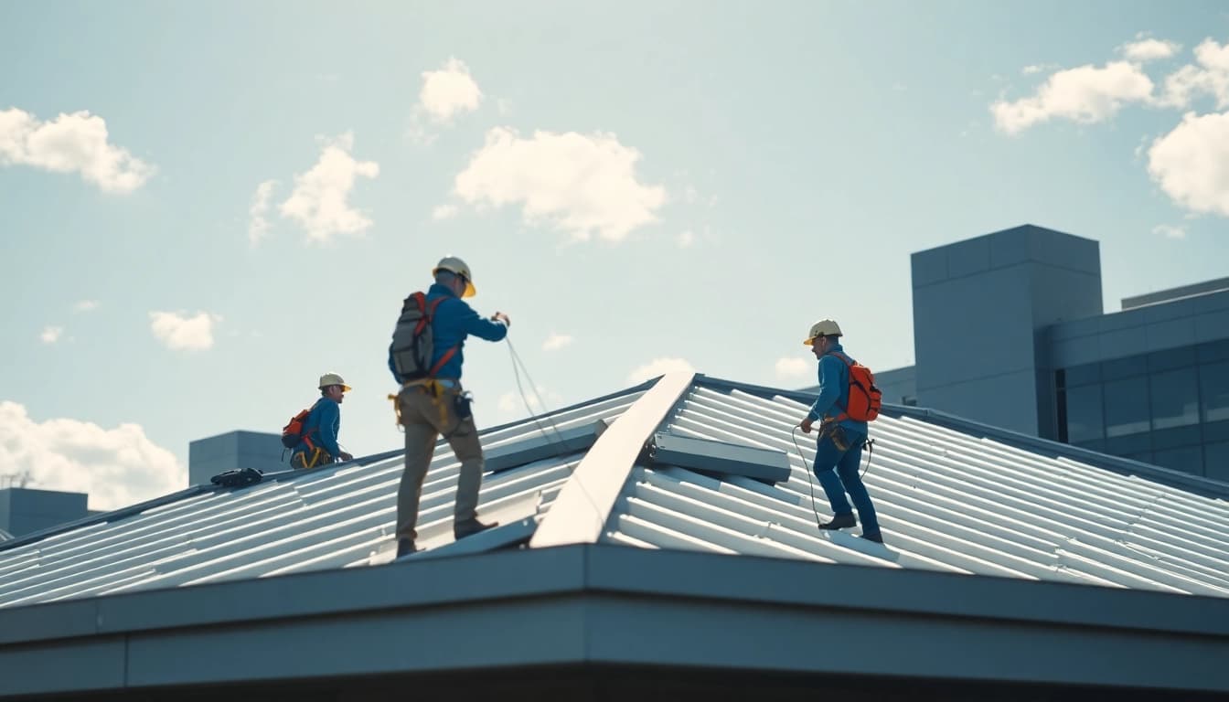 Inspecting commercial roofing services with a professional team on a modern building