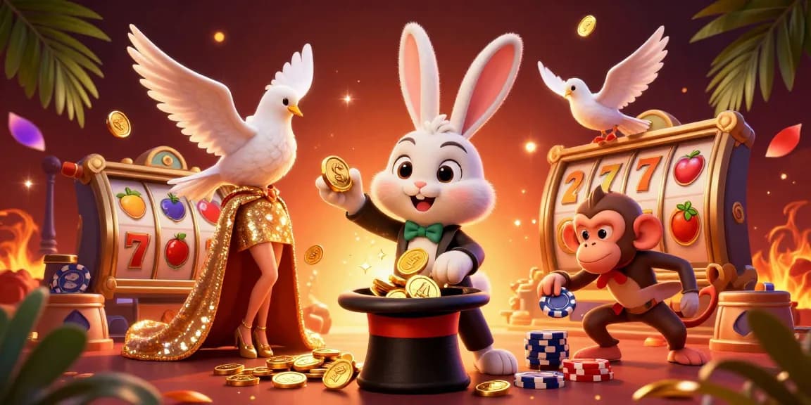 Joueur au casino en ligne attrapant des pièces d'or dans un chapeau magique avec des jeux de cartes flottants.