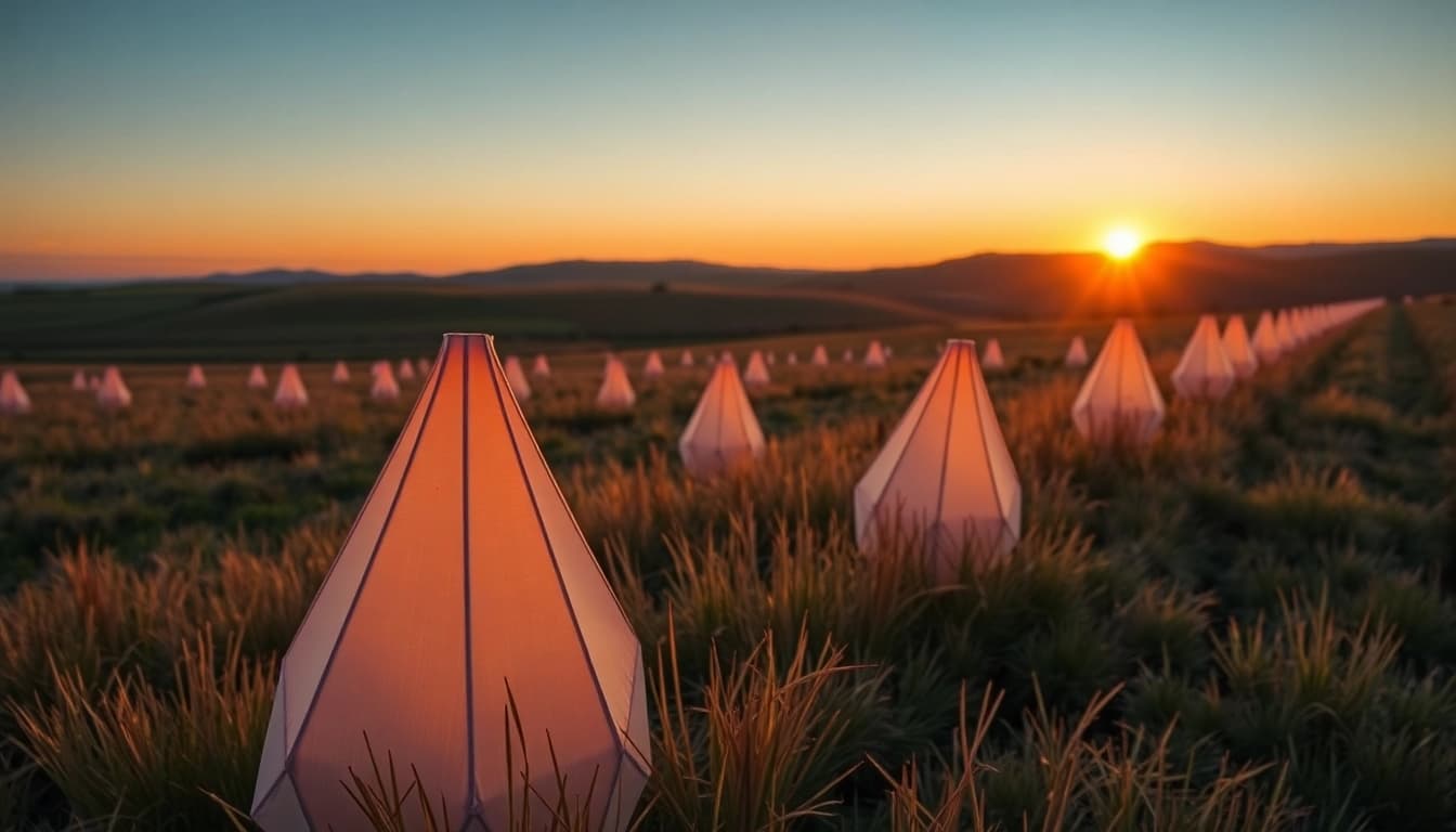 Observa colmenas layens en un campo sereno bajo la luz dorada del atardecer.