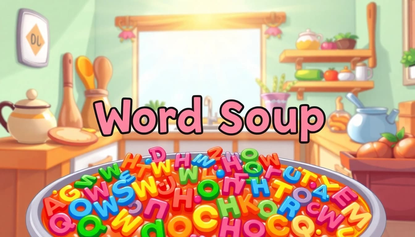Interactive Word Soup game featuring colorful letters in a cheerful kitchen setting.