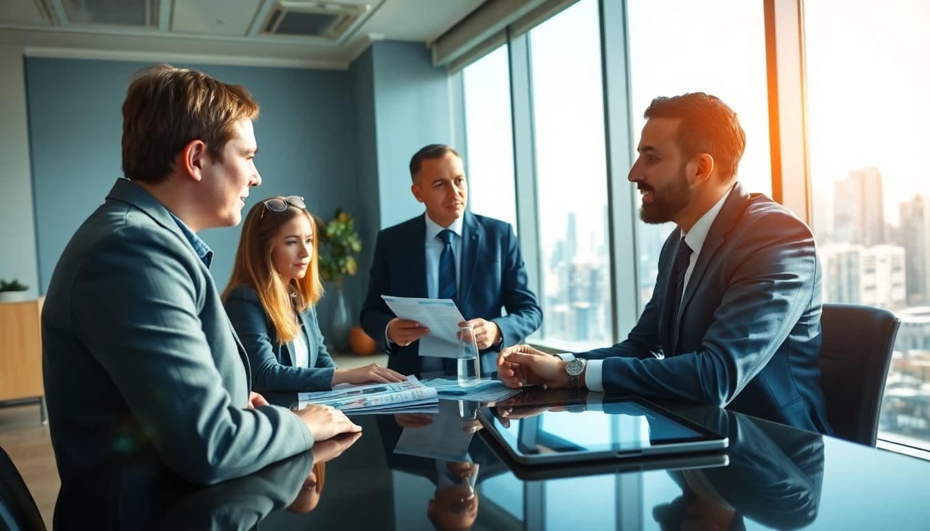 Engaging real estate agent highlights property opportunities in a modern office setting.