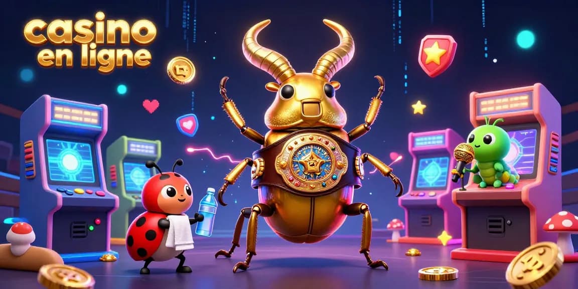 Illustration dynamique d'un casino en ligne avec un scarabée géant et des éléments de jeu colorés.