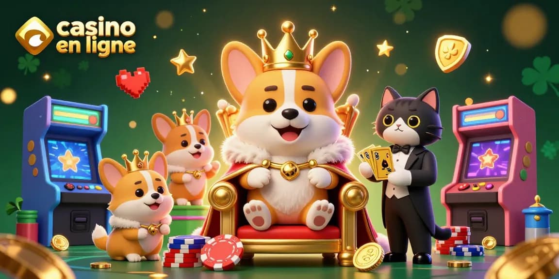 Plongez dans l'univers captivant de casino en ligne avec un corgi royal et des éléments de jeu colorés.
