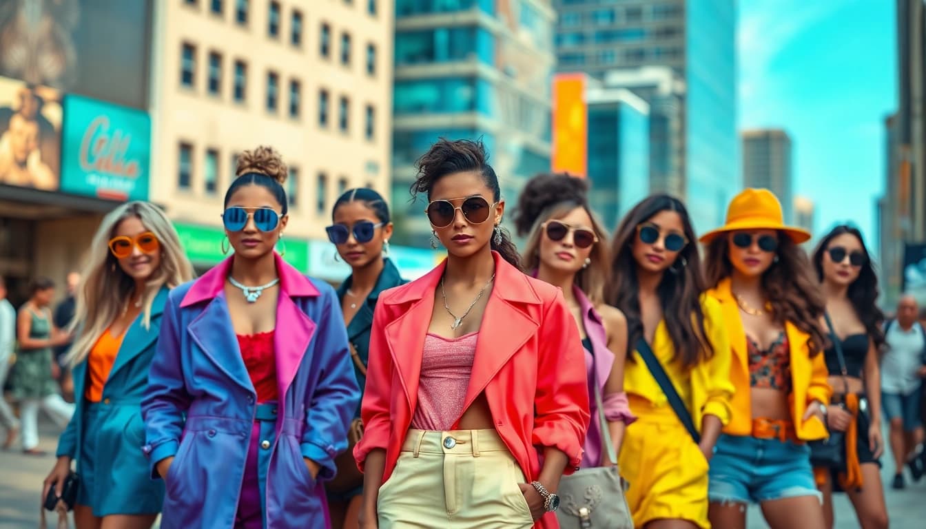 Showcasing diverse models flaunting current Fashion trends in a vibrant urban landscape.