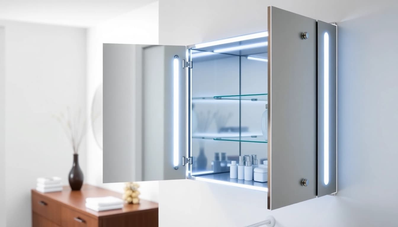 Spiegelschrank mit LED Beleuchtung und modernem Design im Badezimmer