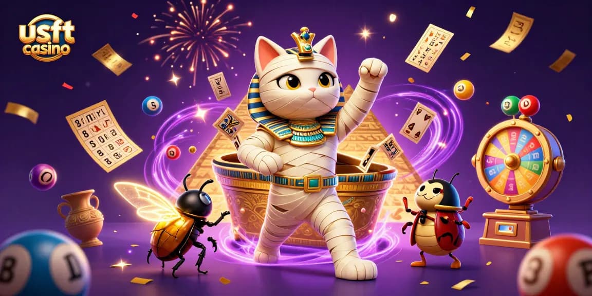 Casino online usdt: mummia egiziana e scarabeo in festa tra schede di gioco e palline colorate.