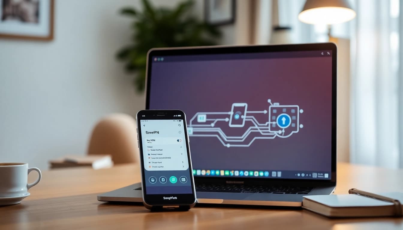 快连VPN interface displayed on smartphone and laptop in a modern office setting, illustrating seamless connectivity.