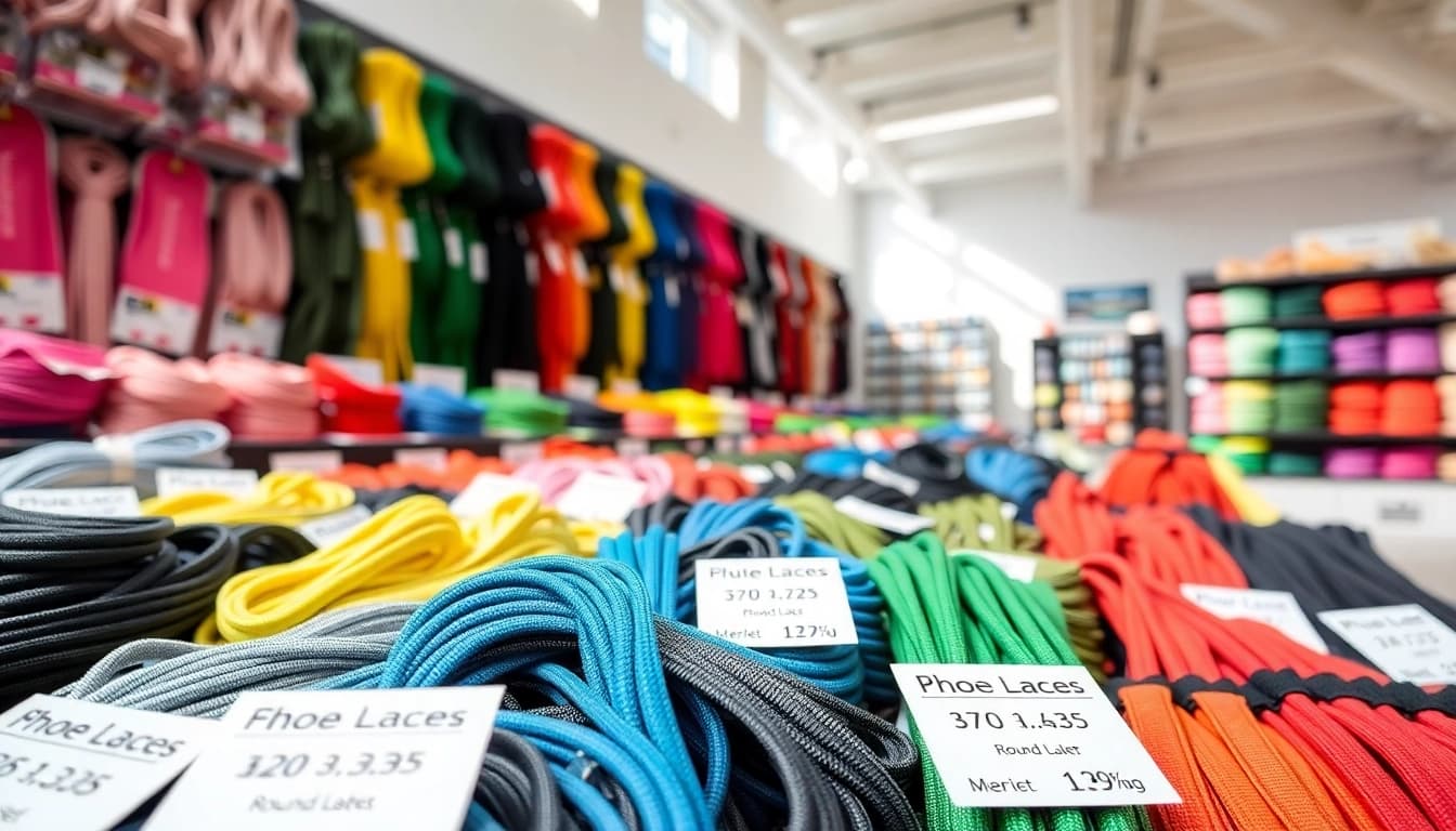 Buying shoelaces in bulk for resellers, showcasing various styles and colors in a retail display.
