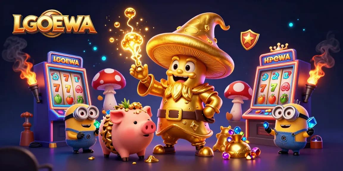 Win big with LGODEWA's slot games featuring a golden mushroom wizard and treasure-seeking companions.