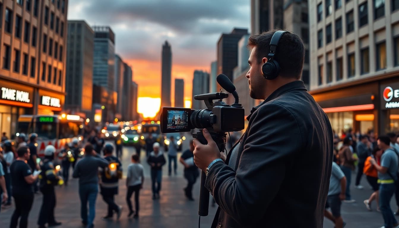 Capture breaking news in Sumy today at https://sumytoday.in.ua with reporters amidst a dramatic sunset.