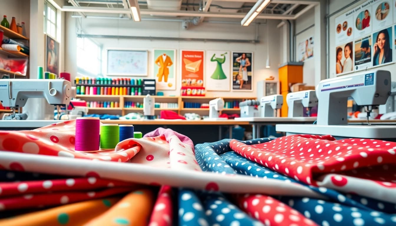Wafel katoenen stof gepresenteerd in een kleurrijke naaiatelier met garen en naaimachines.