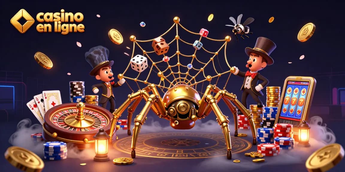 Plongez dans l'univers du casino en ligne avec une illustration 3D captivante, où une araignée dorée et un gentleman amusé interagissent dans un monde de jeux.