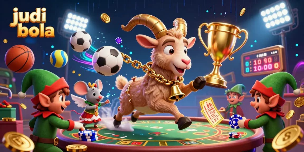 Experience the thrill of judi bola with a lively casino scene featuring a Krampus goat, angel mouse, and gremlin antics.