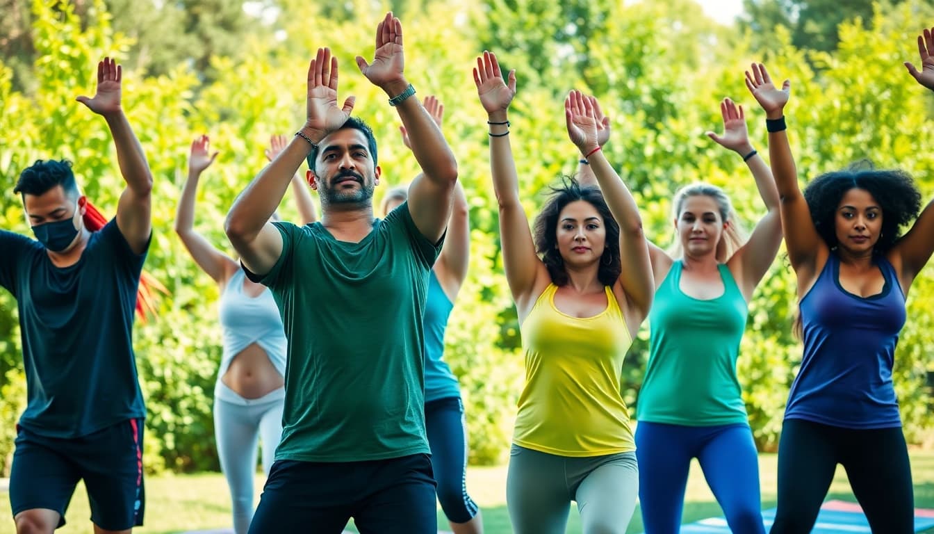 Join the vibrant fitness class at https://healthyvix.com, promoting health and wellness in nature.