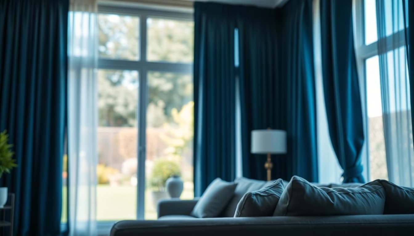 Verduisterende gordijnen creëren een serene sfeer in een stijlvolle woonkamer met een tuinzicht.