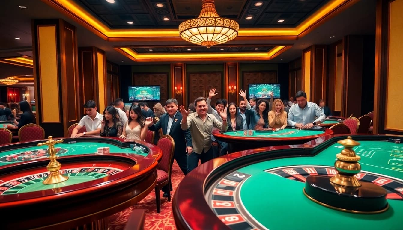 Players enjoy their gaming experience at 9Dbet casino with poker chips, cards, and roulette wheel in a luxurious atmosphere.