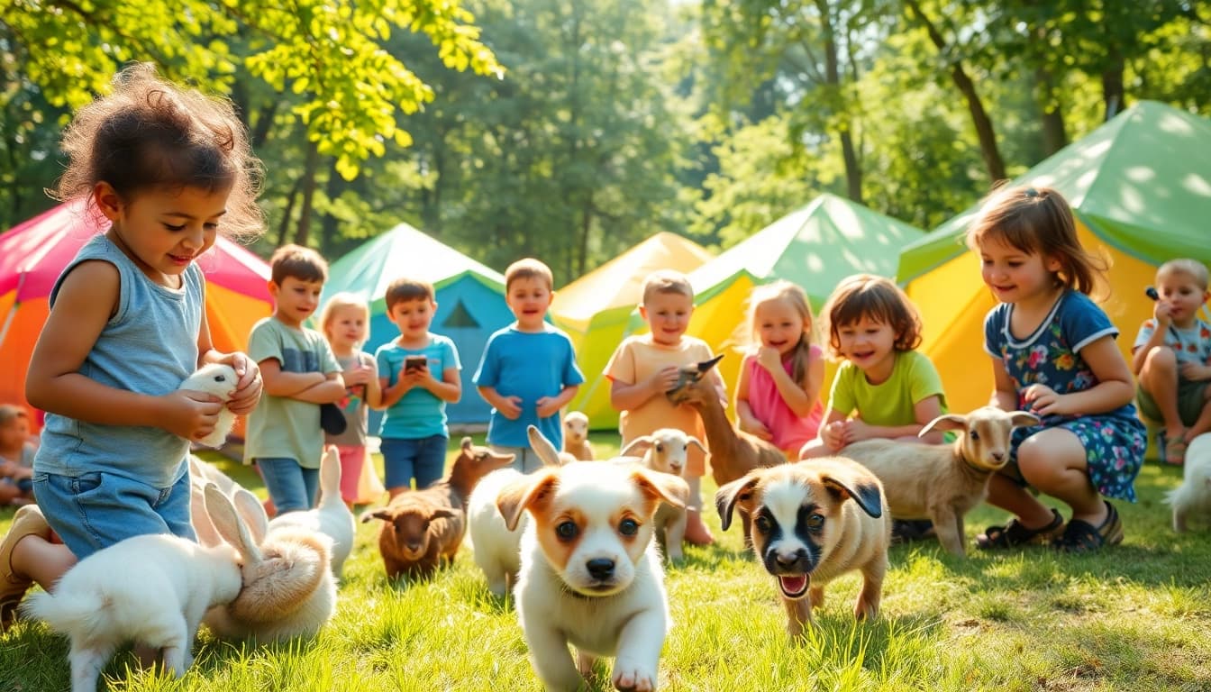 Children enjoying hands-on learning at an animal camp in Illinois with various animals.