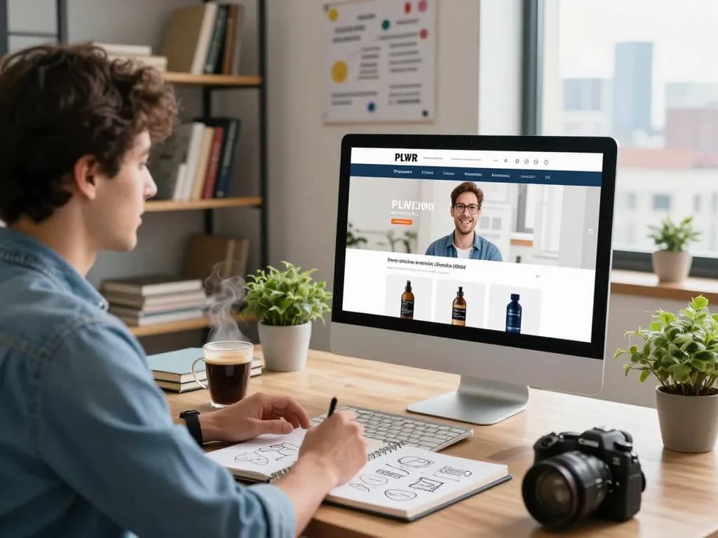Buy Private Label Rights Products in a modern entrepreneur's home office with engaging digital displays and a focused atmosphere.