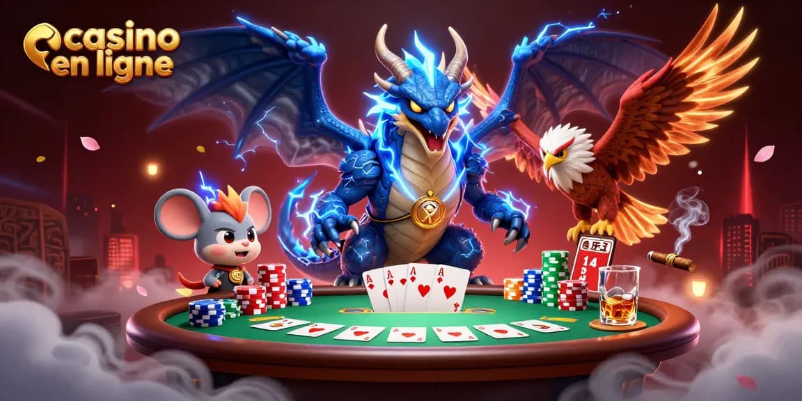 Visualisez des jeux au casino en ligne avec un dragon, un aigle et une souris, entourés de jetons de poker.