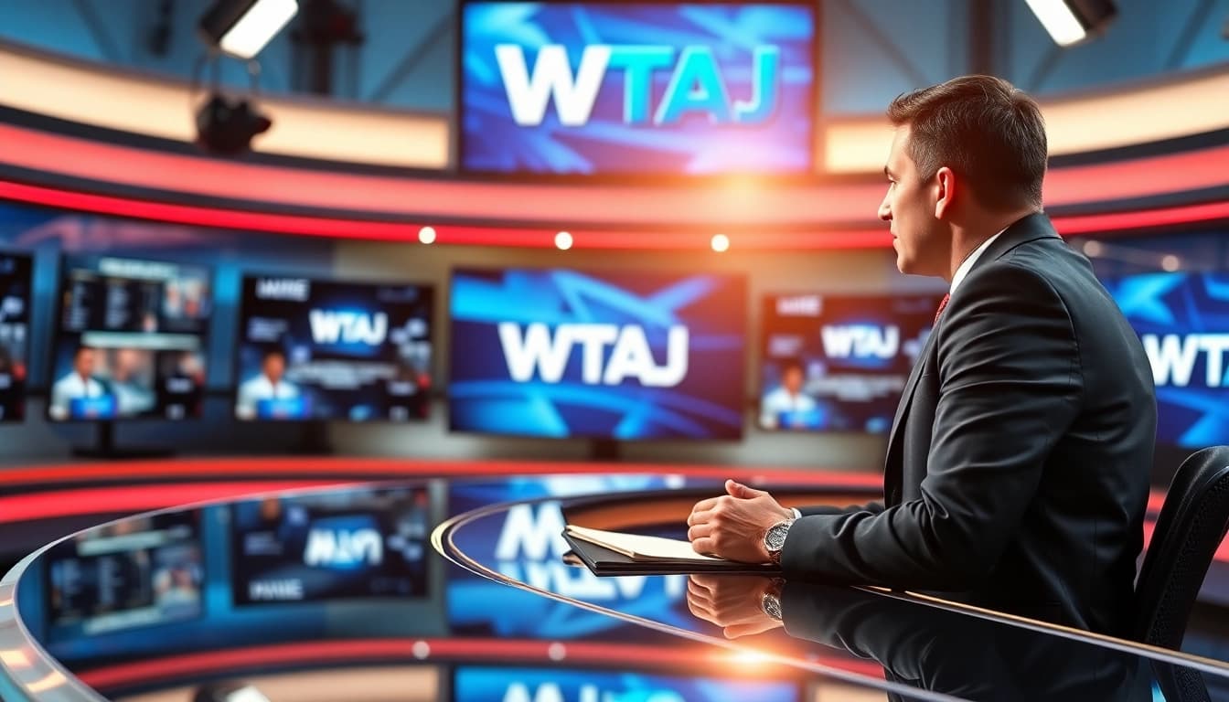 WTAJ newscaster delivering breaking news in a modern newsroom setting with dynamic digital screens.