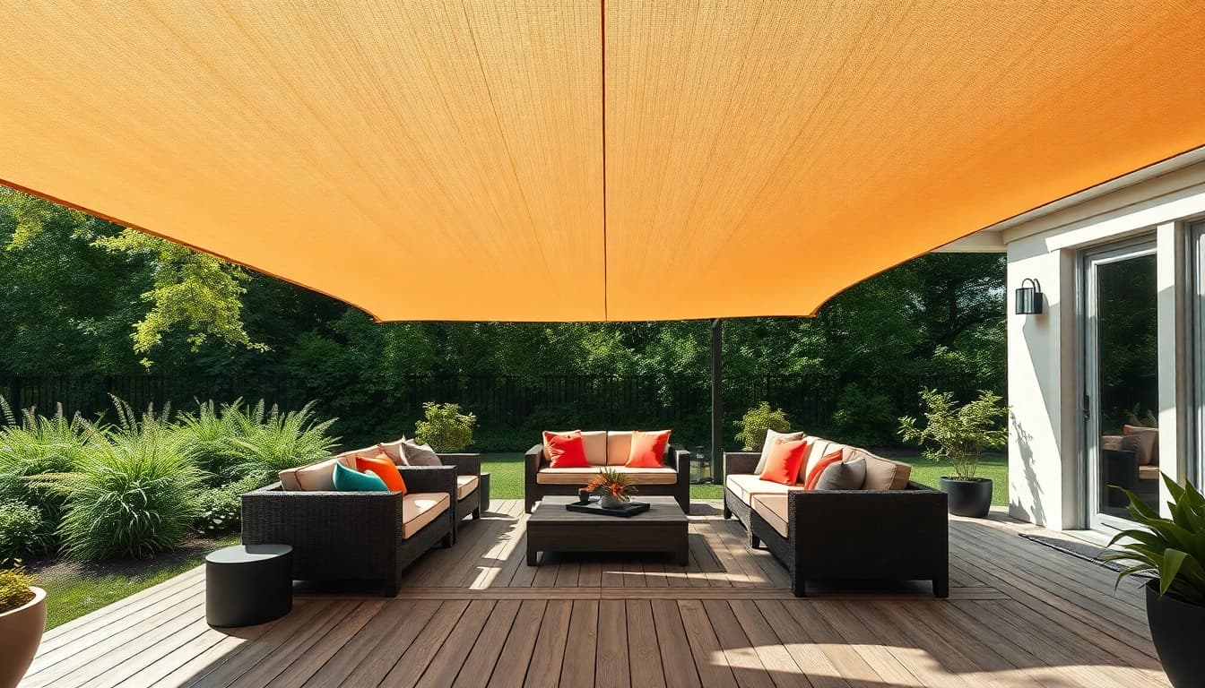 Outdoor Shades enhancing a modern patio with vibrant cushions and greenery.