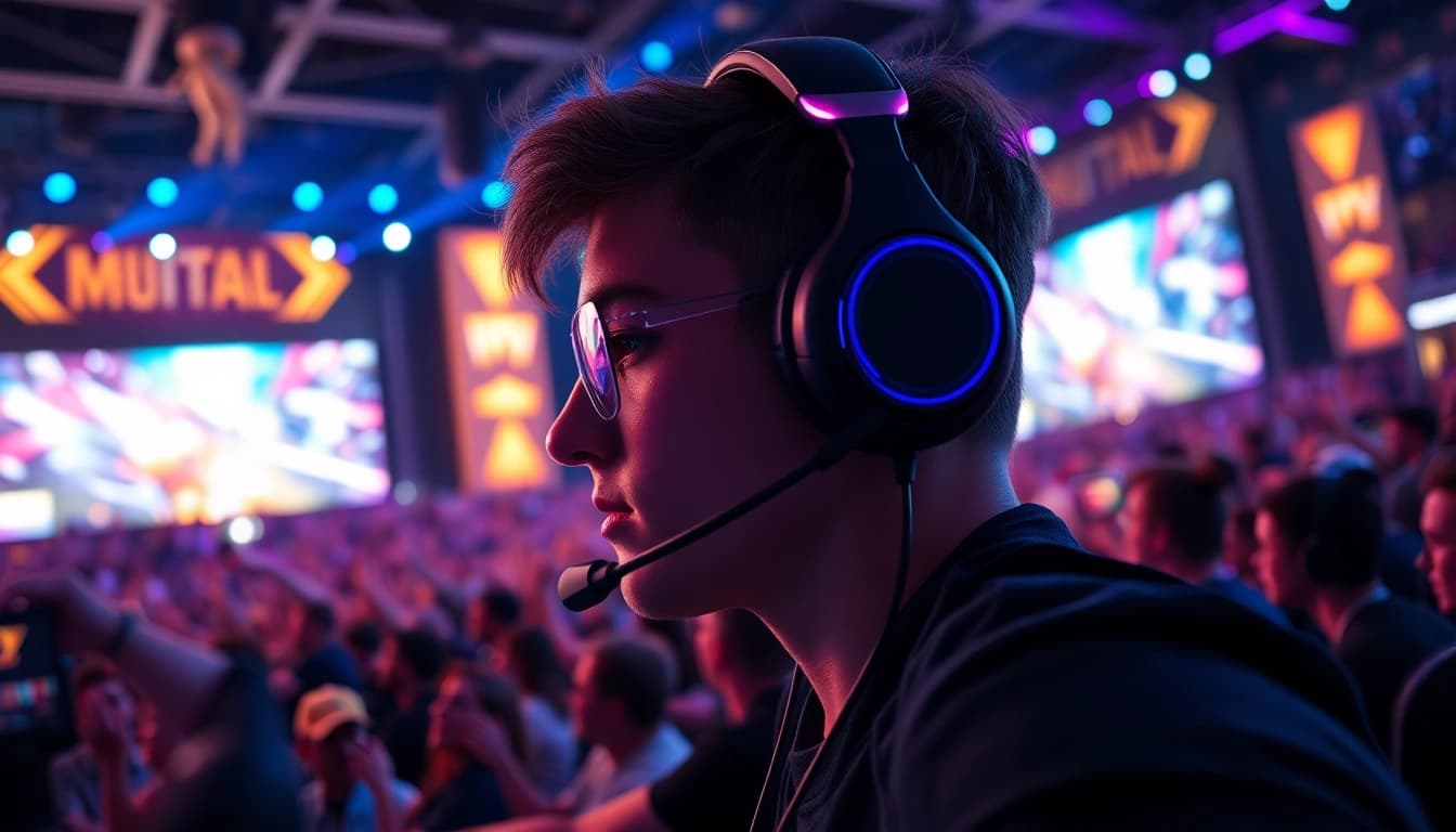 Engaged gamer showcasing skills at https://www.gamelevate.com in a vibrant esports setting.