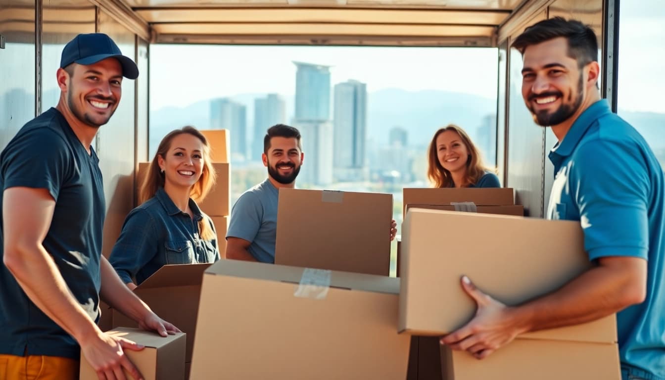 Movers Vancouver efficiently loading boxes into a truck in a vibrant urban setting.