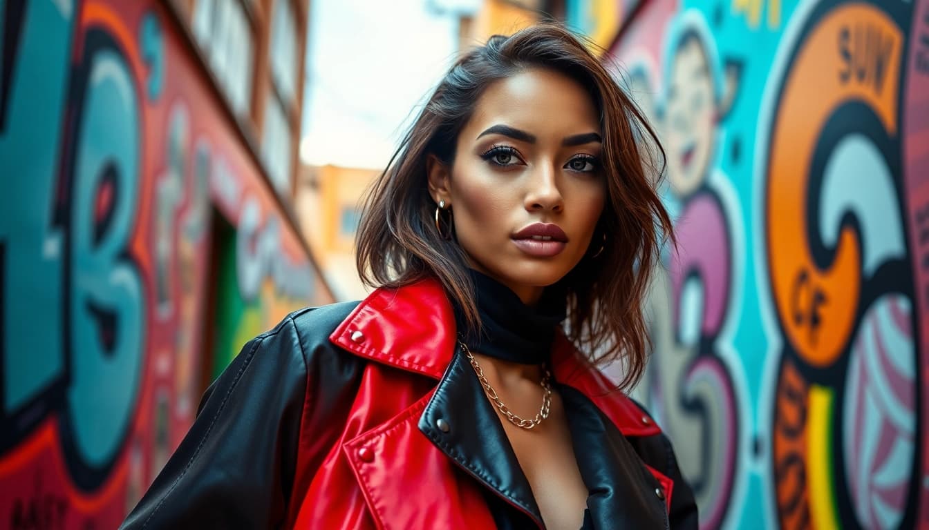 Model representing vibrant fashion trends in an eclectic urban environment.