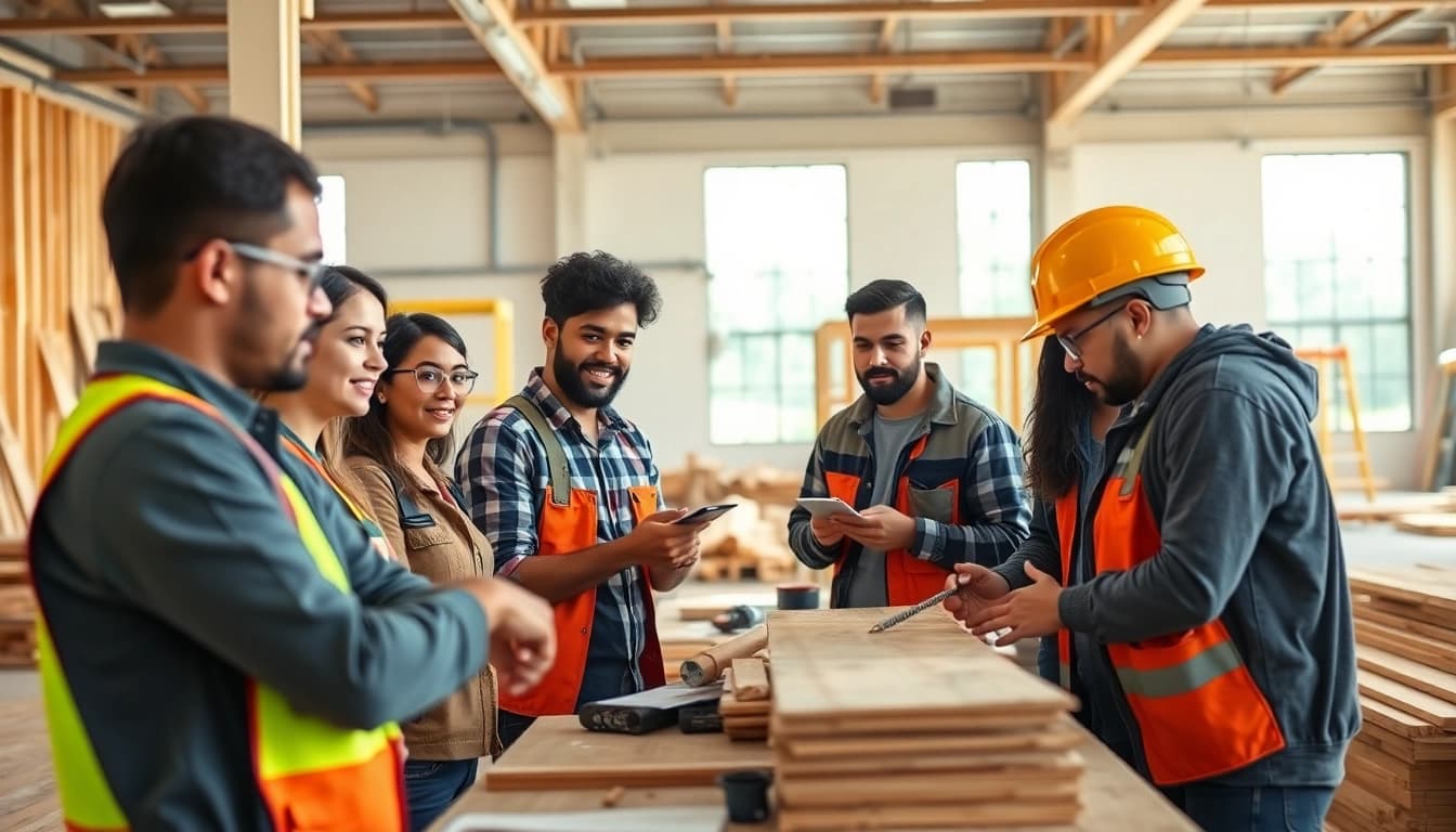 Engaging construction training programs with students actively participating in hands-on activities.
