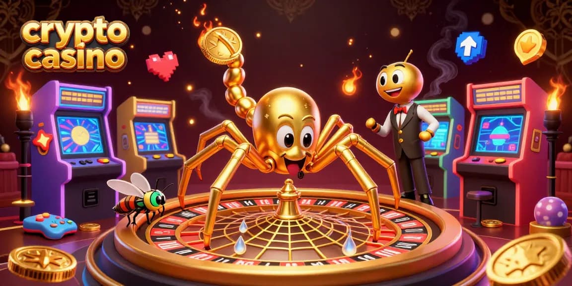 Giocando nel crypto casino con una ragnatela di roulette dorata e personaggi animati coinvolti.