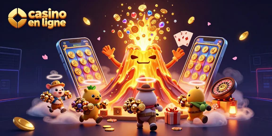 Visuel dynamique de casino en ligne, mettant en scène un volcan doré, des animaux explorateurs et des jeux de casino.