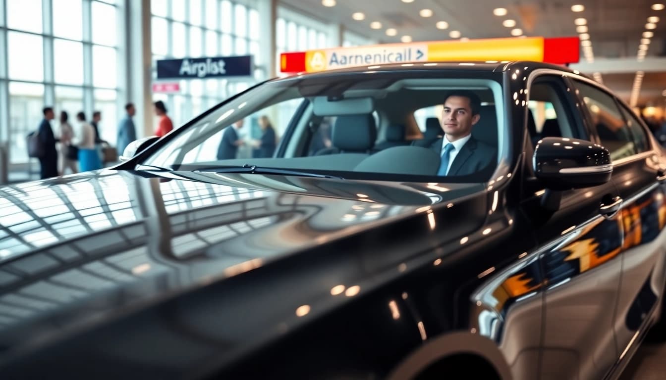 LGA car service vehicle in a bustling airport setting, highlighting its sleek design and professional ambiance.
