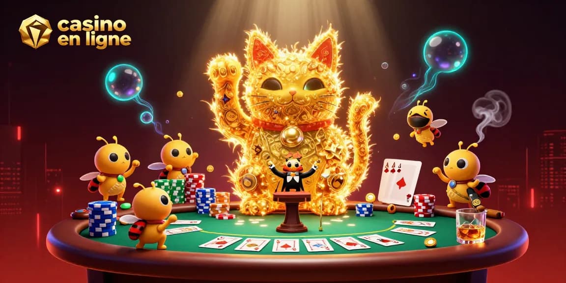 Plongez dans l'univers du casino en ligne avec des lucioles dorées et un chat porte-bonheur.