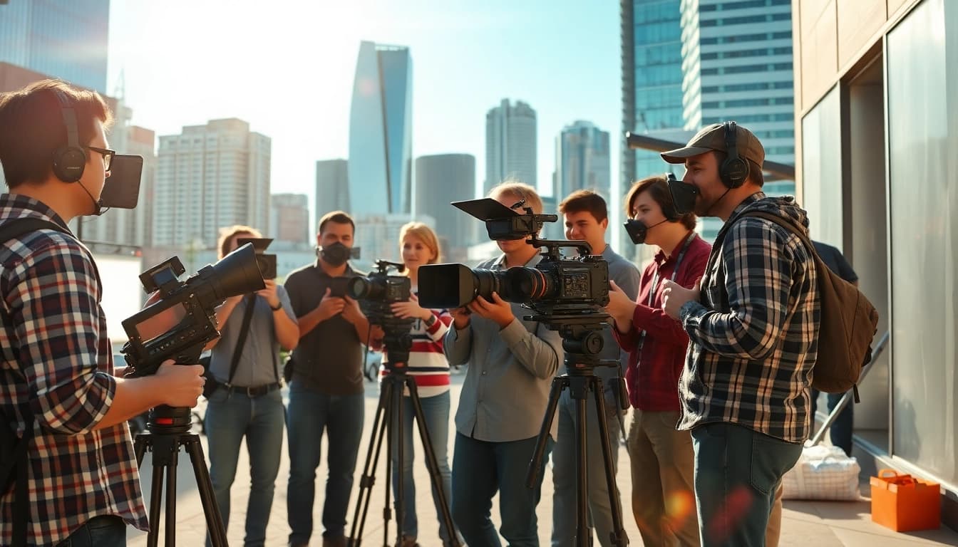 Engaged team creating high-quality video production Calgary in an urban setting.